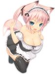  1girl animal_ears bare_shoulders black_legwear blue_eyes breasts cleavage fang female fox_ears fox_tail kabocha_head looking_at_viewer open_mouth original pink_hair ponytail simple_background slit_pupils smile solo tail thighhighs tray waitress white_background 