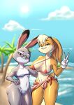 2_girls 2girls alternate_version_available anthro beach big_breasts bikini blue_bikini blue_swimsuit breasts cameltoe crossover disney erect_nipples erect_nipples_under_clothes female_only furry glasses hand_on_hip judy_hopps lola_bunny looking_at_viewer looney_tunes micro_bikini navel notilustregui ocean outside rabbit red_bikini red_swimsuit sarong sea small_breasts smile space_jam swimsuit tail v v_sign warner_brothers water zootopia