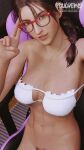  1girl 3d alluring athletic_female bangs bare_legs big_breasts bikini bikini_top_only brown_eyes brown_hair female_abs fit_female foulveins glasses julia_chang looking_at_viewer naked_from_the_waist_down namco pubic_hair pussy selfpic smile tekken tekken_8 twin_tails 