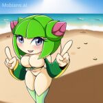  1girl ai_generated alien alien_girl beach bottomless breasts cleavage cosmo_the_seedrian half_naked huge_breasts looking_at_viewer mobians.ai plant_girl seedrian sega sonic_the_hedgehog_(series) sonic_x stockings 
