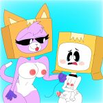 1boy 1girl bitch boxes boxy_(lankybox) breasts cat cat_ears cat_girl cat_tail collar cum embarrassed femboy foxy_(lankybox) fully_nude furry_female lankybox original profile_picture slave tears