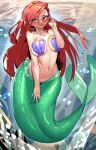 1girl belly belly_button big_breasts blue_eyes blush breasts disney female_only fish_girl fish_tail gamjasssak huge_breasts light-skinned_female light_skin mermaid mermaid_tail monster_girl navel ocean princess_ariel red_hair sea seashell_bra swimming the_little_mermaid tummy underwater water 