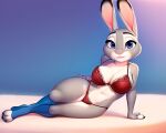  1girl ai_generated alluring anthro blue_eyes breasts curvaceous disney furry grey_fur judy_hopps lagomorph laying_on_side lingerie long_ears looking_at_viewer navel paws rabbit simple_background smile stockings two_tone_fur yiff zootopia 