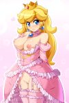  1girl 1girl 1girl big_breasts blonde_hair blue_eyes breasts breasts_out clothing female_only garter_straps gloves gown heart konpeto long_hair looking_at_viewer mario_(series) nintendo nipples pink_background pink_gloves princess_peach pussy revealing_clothes 