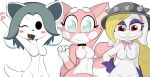 3girls anthro blonde_hair blue_eyes blush breasts broodal buckteeth cat closed_mouth collar domestic_cat dreameclipsewolf eyelashes eyeshadow featureless_breasts felid feline felis female female_only furry furry_female hariet_(mario) hat headwear hot lagomorph looking_at_viewer mario_(series) nintendo no_visible_nipples one_eye_closed open_mouth pink_fur rabbit red_eyes shima_luan simple_background simple_eyes smile super_mario_odyssey super_planet_dolan tail temmie temmie_(undertale) transparent_background undertale undertale_(series) white_background white_fur wink youtube