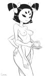 1girl 5_eyes 6_arms anthro anthro_only arachnid black_and_white breasts canime fangs female female_anthro female_only holding_object monochrome monster monster_girl muffet multiple_arms multiple_eyes naked_female nipples nude nude_female plate short_twintails solo solo_female spider spider_girl teacup undertale undertale_(series)