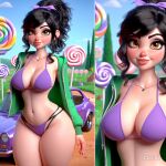 1girl aged_up ai_generated big_breasts big_hips bikini black_hair brown_eyes car disney female_only jacket long_hair looking_at_viewer necklace open_clothes open_jacket ponytail purple_bikini revealing_clothes thick_thighs vanellope_von_schweetz wreck-it_ralph