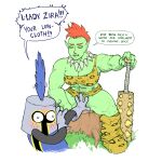 blush censored club_(weapon) covering_crotch embarrassed exposed_pussy going_commando green_skin helmet knight lady_zira_(sirartwork) legs_open legs_spread loincloth mohawk monster_girl no_panties orc_(species) orc_female original red_hair shock sirartwork spicy_(sirartwork) surprise upskirt weapon
