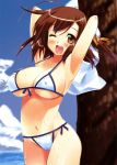  1girl armpits arms_up bikini blush breasts brown_eyes brown_hair cleavage copyright_request erect_nipples female front-tie_top large_breasts navel one_eye_closed shinozuka_atsuto short_hair side-tie_bikini sideboob smile solo swimsuit underboob wink 