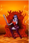 blue_hair demon demon_girl fap_titans nutaku purple_skin sword throne