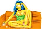 blue_hair breasts cum erect_clitoris erect_nipples marge_simpson pearls pussy_lips shaved_pussy spread_legs the_simpsons yellow_skin
