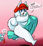 1girl andrew_dickman anthro awd big_breasts blue_eyes blue_fur bunny canine cover_up covering dialogue dog duo embarrassing fluffy_tail furry hat nude original pixels_bunni rabbit red_hat red_sweater running sweater sweaterpuppy_(themadcatter) white_fur white_hair worried