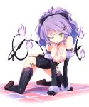  1girl all_fours anthro anthrofied bare_shoulders big_breasts breast_squeeze breasts chandelure cleavage costume erect_nipples female garter_straps hair_ornament hairclip homura_subaru humanized large_breasts mouth_hold one_eye_closed pokemon purple_hair simple_background solo thighhighs white_background wink yellow_eyes 