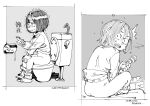  2_girls 2_girls ass bathroom bedroom bottomless caught caught_in_the_act cellphone embarrassed embarrassing hounori looking_at_viewer looking_back smartphone toilet 