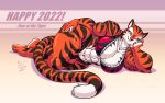  1girl 1girl 2022 abs anthro big_breasts big_breasts bikini blue_eyes breasts cat_ears cat_tail cleavage eltonpot feline furry huge_breasts long_tail looking_at_viewer lying muscle muscular muscular_female navel new_year orange_skin stripes tail tiger year_of_the_tiger 