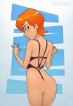  1girl ass back ben_10 closed_mouth earrings fenixman12 green_eyes gwen_tennyson hair_ornament hairclip high_res jewelry looking_back orange_hair short_hair simple_background swimsuit tagme 