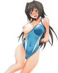  1girl a1 arms_behind_back black_eyes black_hair blush breast_slip breasts cameltoe character_request competition_swimsuit female large_breasts long_hair muvluv muvluv_alternative muvluv_total_eclipse nipples one-piece_swimsuit one-piece_tan one_breast_out simple_background solo sweat swimsuit takamura_yui tan tanline wardrobe_malfunction white_background 