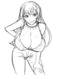  1girl bent_over breasts cleavage down_blouse downblouse female hand_on_hip hand_on_knee hand_on_own_knee huge_breasts jewelry joy_(shenmue) long_hair looking_at_viewer matsu-sensei monochrome necklace polka_dot shenmue shenmue_ii smile solo 