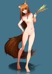  1girl 2d animal_ears artist_request breasts completely_nude female_only holding_object holo looking_at_viewer nipples nude nude_female orange_hair pussy small_breasts solid_color_background solo_female spice_and_wolf standing tail watermark wheat wolf_tail 
