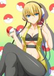 1girl bad_id bare_shoulders blonde_hair blue_eyes breasts cable cleavage colored_eyelashes crossed_legs grey_pantyhose gym_leader halterneck headphones highres kamitsure_(pokemon) legs_crossed midriff navel pantyhose poke_ball pokemon pokemon_(game) pokemon_black_and_white pokemon_bw short_hair sitting skin_tight solo suterii vest