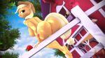1girl 3d alternate_version_available anthro apple applejack ass barefoot barn big_breasts breasts completely_nude cowboy_hat dat_ass day earth_pony exhibitionism explicit feet fence food friendship_is_magic grin hasbro hat high_res looking_at_viewer looking_back looking_back_at_viewer loveslove my_little_pony nipples nude nudity outside plantigrade_anthro public_nudity sitting smiling_at_viewer solo_female source_filmmaker tail tree vulva