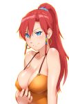  1girl bangs bare_shoulders bellows_(suisei_no_gargantia) blue_eyes blush breasts camisole cleavage earrings erect_nipples female flashing from_side hair_tubes high_ponytail hoop_earrings jewelry large_breasts long_hair naughty_face no_bra outline parted_bangs ponytail red_hair scrunchie shirt_tug sidelocks simple_background smile solo strap_gap suisei_no_gargantia teasing ueyama_michirou uneven_eyes upper_body white_background 