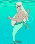 1girl air_bubbles anthro bare_breasts bare_shoulders big_breasts blonde blonde_hair bottomwear breasts bubble clothed disney disney_channel disney_xd female freckles green_eyes green_scales hair humanoid jackie_lynn_thomas long_hair mermaid mole multicolored_hair nipples nude partially_clothed reigning_art scales sea smile solo solo_female solo_focus star_vs_the_forces_of_evil topless two_tone_hair underwater water