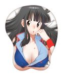  1girl :o bangs bed black_eyes black_hair blunt_bangs blush breast_mousepad breasts brown_eyes chichi cleavage dragon_ball female hair_down hickey highres hime_cut large_breasts looking_at_viewer lying mousepad on_back on_bed solo sweatband younger yukimitsuki 