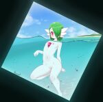 1girl 1girl beach blue_sky blush closed_mouth colored_skin completely_nude day gardevoir green_hair hair_over_one_eye kionant looking_at_viewer medium_hair navel nintendo nipples nude ocean one_eye_covered outside partially_submerged partially_underwater_shot pok&eacute;mon_(species) pokemon pussy skinny_dipping sky small_breasts swimming uncensored underwater white_skin