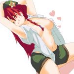  1girl :q areola_slip areolae arm_behind_head armpits arms_up bacho blush braid breasts covered_nipples erect_nipples female green_eyes hat heart hong_meiling licking_lips lip_licking long_hair naughty_face open_clothes open_shirt red_hair shirt shorts smile solo star tongue tongue_out touhou twin_braids 