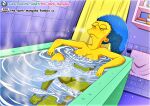  bathing big_breasts blue_hair breasts closed_eyes hair_down marge_simpson shaved_pussy the-dark-mangaka the_simpsons thighs yellow_skin 