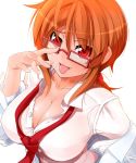  1girl :p adjusting_glasses breasts bust character_request cleavage copyright_request dress_shirt duplicate fang female fingernails glasses high_res highres huge_breasts large_breasts long_hair looking_at_viewer low_ponytail megane naughty_face necktie no_bra off_shoulder oppai orange_hair ponytail potion_(artist) potion_(moudamepo) red_eyes red_necktie shirt solo source_request tongue tongue_out unbuttoned upper_body 
