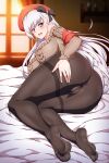 1girl anus_peek ass azur_lane belfast_(azur_lane) big_breasts blue-senpai blue_eyes breasts cameltoe feet female female_only hat huge_ass huge_breasts long_hair lying on_bed on_side pantyhose pussy ribbon silver_hair smile solo_female thick_thighs thighs