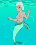 1girl anthro bare_breasts bare_shoulders big_breasts blonde blonde_hair bottomwear breasts bubble clothed disney disney_channel disney_xd female freckles green_eyes green_scales hair humanoid jackie_lynn_thomas mermaid mole multicolored_hair nipples nude partially_clothed reigning_art scales sea short_hair smile solo solo_female solo_focus star_vs_the_forces_of_evil topless two_tone_hair underwater water water_bubble