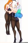 2_girls against_wall ass big_ass big_breasts breasts bunny_ears bunny_girl bunny_tail bunnysuit carrying clothed_female female_focus female_only high_heels horns how_to_talk_to_short_girls_(meme) larger_female leotard long_hair mature mature_female meme multicolored_hair nami one_piece orange_eyes orange_hair pantyhose shounen_jump size_difference tagme tall_woman_meme thick_thighs yamato_(one_piece) yuri