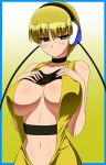 1girl bare_shoulders blonde_hair blush bob_cut breast_suppress breasts cable choker cleavage collarbone creatures_(company) elesa_(pokemon) game_freak gradient_background green_background green_eyes gym_leader halterneck headphones highres huge_breasts humans_of_pokemon kamitsure_(pokemon) looking_at_viewer midriff navel nintendo pepo pepo_(absolute1123) pokemon pokemon_(anime) pokemon_(game) pokemon_black_2_&amp;_white_2 pokemon_black_and_white pokemon_bw pokemon_bw2 porkyman purple_eyes short_hair simple_background solo standing vest