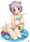 1girl arm arms arms_crossed art banana bare_legs bare_shoulders barefoot between_breasts between_legs big_breasts blush breast_hold breasts cherry_(fruit) cleavage collarbone cream crossed_arms feet_in_water female flower food fruit hair hair_flower hair_ornament hairband hairclip heart highres ice ice_cube kiwi kneel kneeling koutaro large_breasts lavender_hair legs looking_at_viewer nail_polish navel nipples nude open_mouth orange_(fruit) pineapple purple_eyes shiny shiny_hair shiny_skin short_hair shy simple_background smile solo straw sweat sweatdrop tiptoes wakamezake water wet white_background