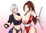 2_girls angel_(kof) big_breasts breasts brown_hair clothed clothed_female king_of_fighters kurone_rinka long_hair mai_shiranui mature mature_female short_hair video_game_character video_game_franchise white_hair