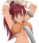  1girl armlet armpits arms_up bellows_(suisei_no_gargantia) blue_eyes breasts earrings female gloves hoop_earrings jewelry knife large_breasts long_hair navel ponytail red_hair solo suisei_no_gargantia tearing_clothes tenchisouha torn_clothes underboob 