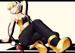  1girl aqua_eyes arm_support bad_id bare_shoulders blonde_hair bob_cut cable choker foreshortening gisyo gym_leader halterneck headphones high_heels kamitsure_(pokemon) leaning_back midriff pantyhose poke_ball pokemon pokemon_(game) pokemon_black_and_white pokemon_bw shadow shoes simple_background skin_tight solo vest 