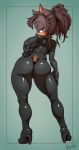  1girl 1girl 2016 anthro argento ass big_ass big_breasts breasts brown_fur brown_hair brown_nose canine clothing collar dog fur furry grey_eyes hair high_heels high_res long_hair looking_back mammal rubber rubber_suit standing thick_thighs tight_clothing wide_hips 