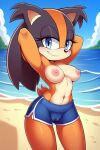  ai_generated beach breasts mobians.ai nipples nuggeto sea seaside sega shorts sonic_the_hedgehog_(series) sticks_the_jungle_badger topless topless_female 