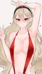 1girl alluring alternate_costume bare_legs big_breasts bikini corrin_(fire_emblem) corrin_(fire_emblem)_(female) double_v female_only fire_emblem fire_emblem_fates looking_at_viewer nintendo one-piece_swimsuit pointy_ears red_swimsuit serafineart1001 sling_bikini slingshot_swimsuit swimsuit v v_sign valentine&#039;s_day