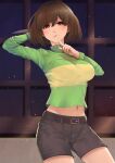 1girl 2010s 2018 2d 2d_(artwork) aged_up artist_name bottomwear breasts brown_bottomwear brown_hair brown_pants brown_shorts chara chara_(undertale) clothing cowboy_shot detailed_background deviantart digital_media_(artwork) facebook_username female_chara female_human finger_to_mouth green_clothing green_sweater green_topwear hand_behind_head holding_knife holding_object human human_only looking_at_viewer medium_breasts navel pants patreon_username red_eyes senasky short_hair shorts solo_human striped_clothing sweater topwear undertale undertale_(series) video_game_character video_games