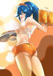  1girl alcohol alluring alternate_costume alternate_hairstyle ass beer blue_eyes blue_hair deekei fire_emblem fire_emblem_awakening from_below hooters large_ass looking_at_viewer looking_down lucina lucina_(fire_emblem) medium_breasts nintendo one_eye_closed open_mouth ponytail shorts smile tank_top waitress wink 