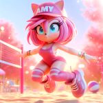1girl ai_generated amy_rose baseball_cap blue_eyes breasts female_focus furry furry_female leotard sand sega sonic sonic_the_hedgehog_(series) volleyball_(ball) volleyball_net