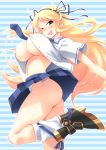  1girl ass blonde_hair blue_necktie boots bouncing_breasts breasts covered_nipples erect_nipples female fuyube_rion green_eyes hair_ribbon katsuragi_(senran_kagura) large_breasts legs long_hair looking_at_viewer md5_mismatch navel necktie no_bra open_clothes open_mouth open_shirt panties pantyshot pleated_skirt ribbon senran_kagura senran_kagura_(series) shirt side-tie_panties skirt smile socks solo striped striped_background striped_panties thighs underboob underwear upskirt white_legwear 