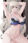 1girl alluring arms_behind_head aslind_samure aslindsamure bare_arms bare_legs bare_midriff big_breasts blue_bra bra bra_only cleavage corrin_(fire_emblem) corrin_(fire_emblem)_(female) female_only fire_emblem fire_emblem_fates grey_hair kneel long_hair looking_at_viewer midriff naked_from_the_waist_down nintendo pin_up pointy_ears pose pussy red_eyes smile underwear very_long_hair