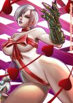  1girl 1girl alluring bandai_namco big_breasts blue_eyes bow breasts caucasian choker covered_breasts covered_nipples covered_pussy curvy eyelashes fighting_game gloves hearts huge_breasts isabella_valentine ivy_valentine legs looking_at_viewer mostly_nude namco namco_bandai parted_lips project_soul rankgo revealing_clothes ribbon robotic_arm sexy short_hair short_hair_female soul_calibur standing stomach thick thick_thighs toned valentine&#039;s_day watermark website_logo white_hair wide_hips 