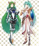  2_girls absurd_res alluring armlet armor asymmetrical_footwear bare_shoulders belt big_breasts blush breasts chest_jewel cleavage cosplay costume_switch dress earrings female_focus forehead_jewel gem gloves green322 green_eyes green_hair hair_ornament headpiece high_heels high_res jewelry kid_icarus kid_icarus_uprising laurel_crown long_hair looking_at_viewer matching_hair/eyes mismatched_footwear multiple_belts multiple_girls necklace nintendo palutena palutena_(cosplay) pendant pneuma_(xenoblade) pneuma_(xenoblade)_(cosplay) ponytail sandals side_slit simple_background single_thighhigh smile stockings strapless strapless_dress swept_bangs tiara trait_connection vambraces very_long_hair xenoblade_(series) xenoblade_chronicles_2 